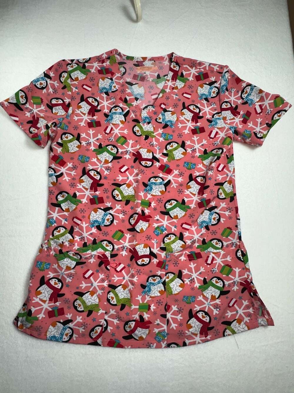 eliteMed Performance Pink Christmas Penguins and Snowflakes V-Neck Scrub Top